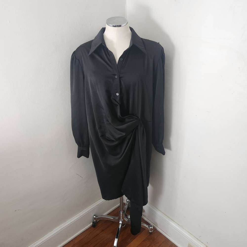 Boohoo Womens Black Satin Draped Knot Front Shirt Dress Size USA 18